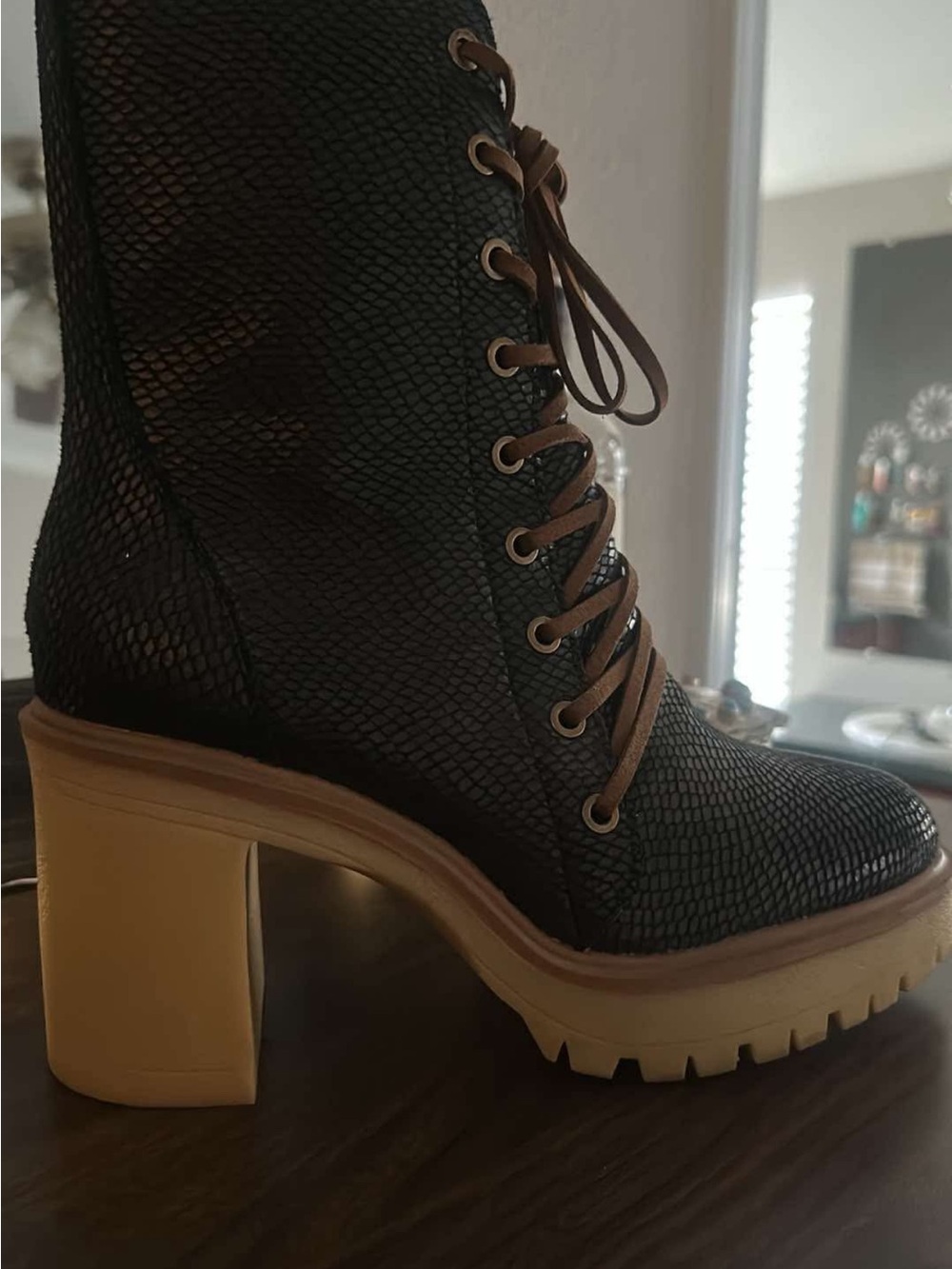 Chunky Lug-Heel Lace-Up Ankle Boots in Black and Tan